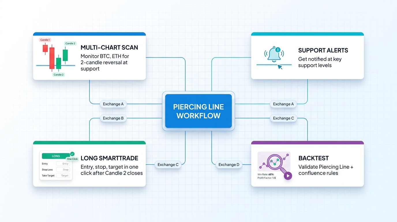 Altrady multi-exchange dashboard showing piercing line detection, support alerts, and SmartTrade execution for a long order