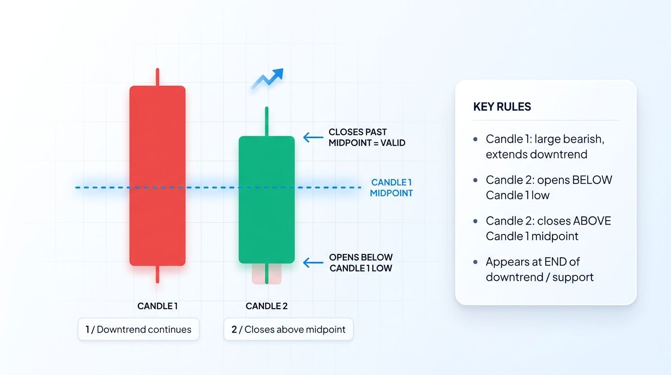Anatomy of the piercing line candlestick pattern showing a large bearish candle followed by a bullish candle opening below the prior low and closing above the midpoint