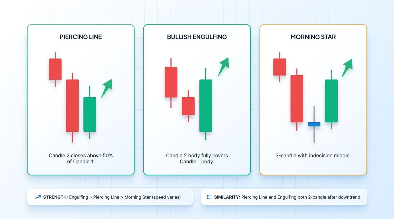 Comparison of piercing line, bullish engulfing, and morning star bullish reversal patterns