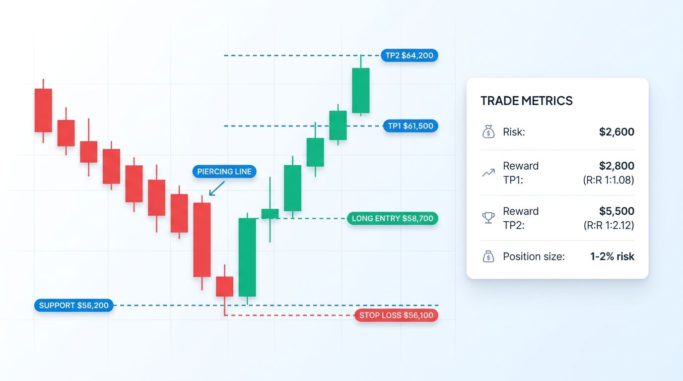 Piercing line at BTC support with long entry on candle 2 close, stop-loss below candle 2 low, and two take-profit targets