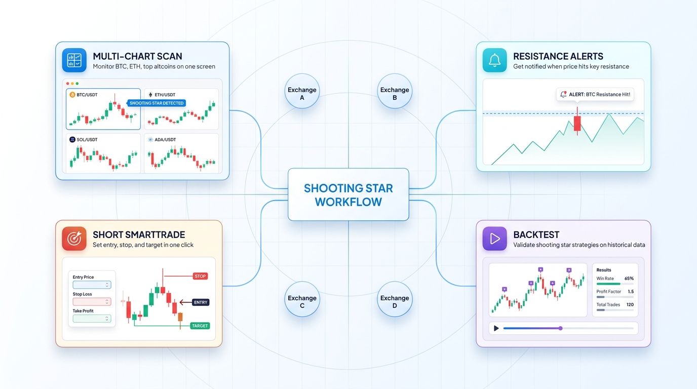 Altrady workflow for shooting star: multi-chart scan, resistance alerts, SmartTrade short order, backtest on historical data