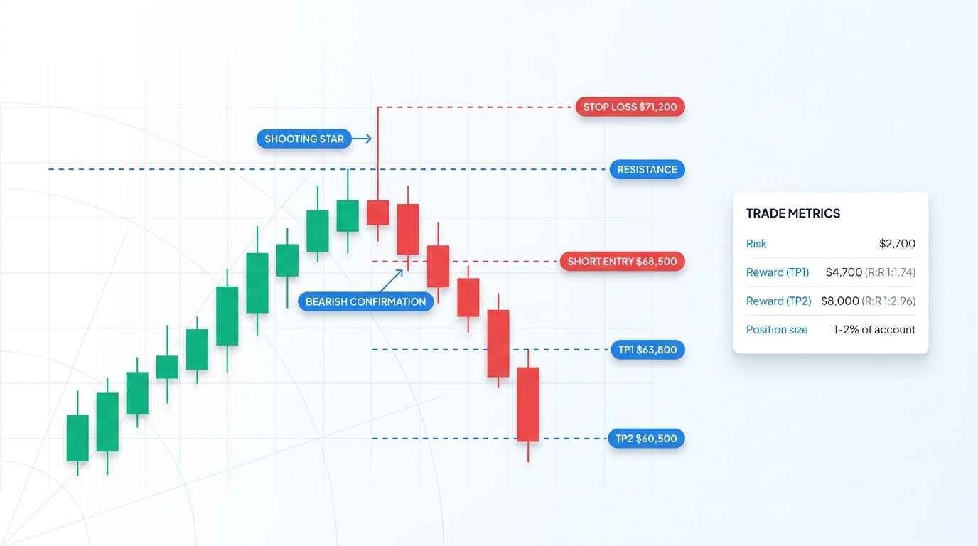 Shooting star at resistance with short entry, stop-loss above high, and two take-profit targets marked