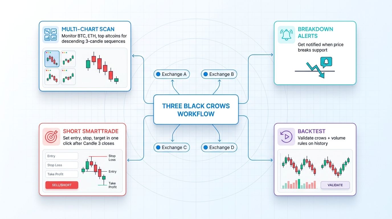 Altrady multi-exchange dashboard showing three black crows detection, breakdown alerts, and SmartTrade execution for a short order