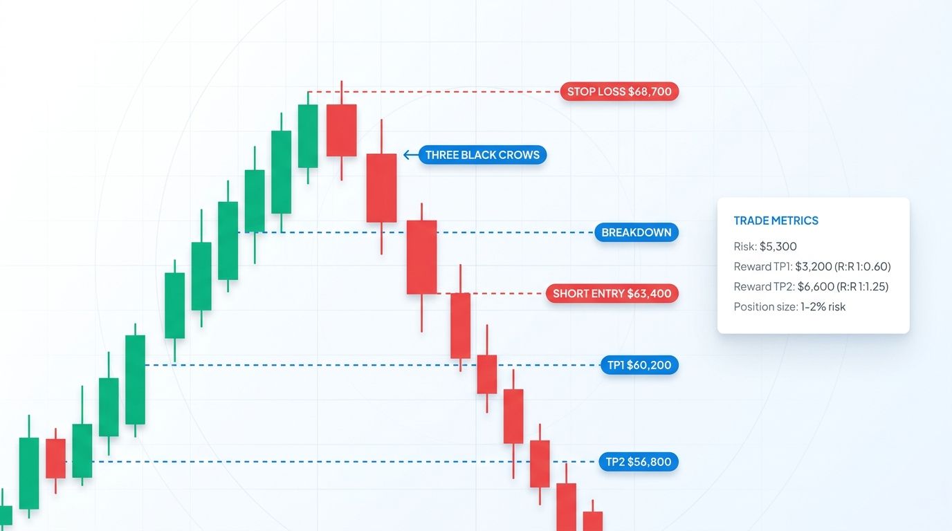 Three black crows on BTC breakdown with short entry on candle 3 close, stop-loss above candle 1 high, and two take-profit targets on a daily chart