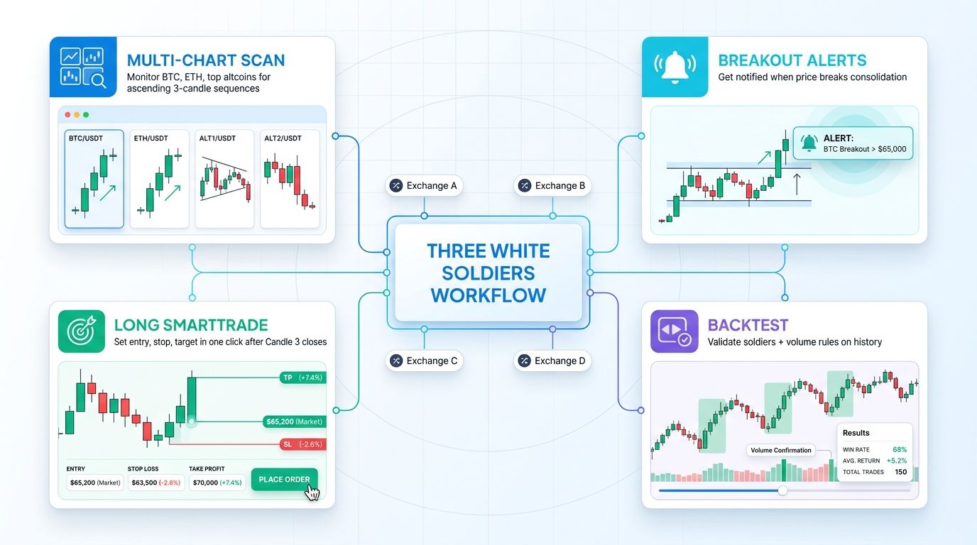 Altrady multi-exchange dashboard showing three white soldiers detection, breakout alerts, and SmartTrade execution for a long order