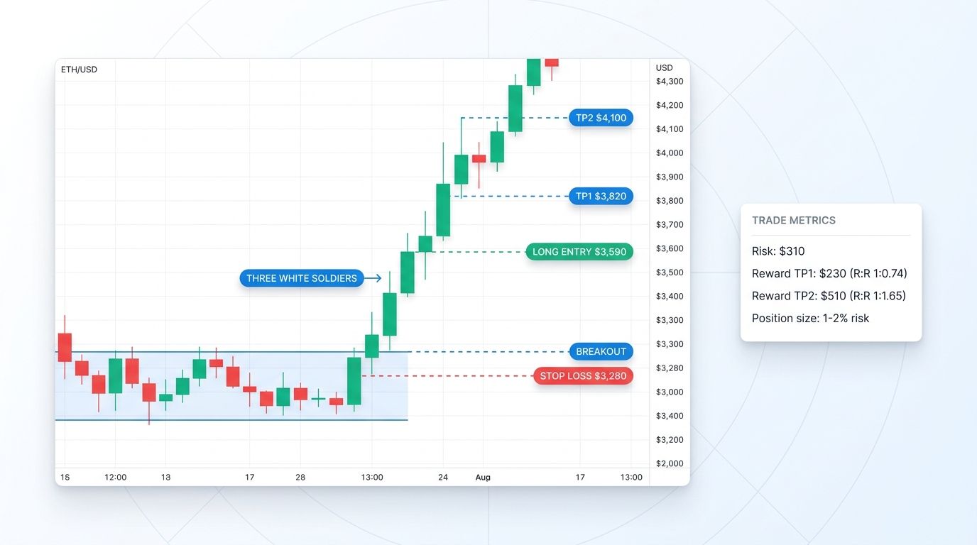 Three white soldiers on ETH breakout with long entry on candle 3 close, stop-loss below candle 1 low, and two take-profit targets on a daily chart