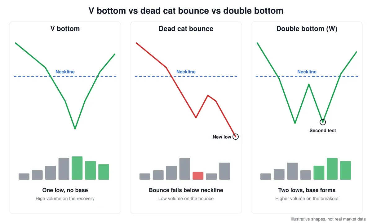 Comparison: a V bottom recovers through its neckline from one low on strong volume, a dead cat bounce stalls below it and makes a new low, and a double bottom tests the same low twice before breaking out.