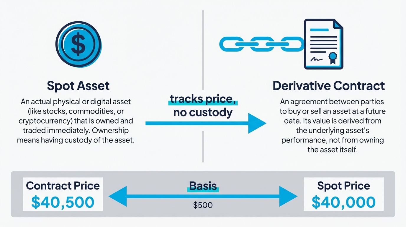 Visual comparison of spot asset versus a derivative contract showing how derivatives track price without custody