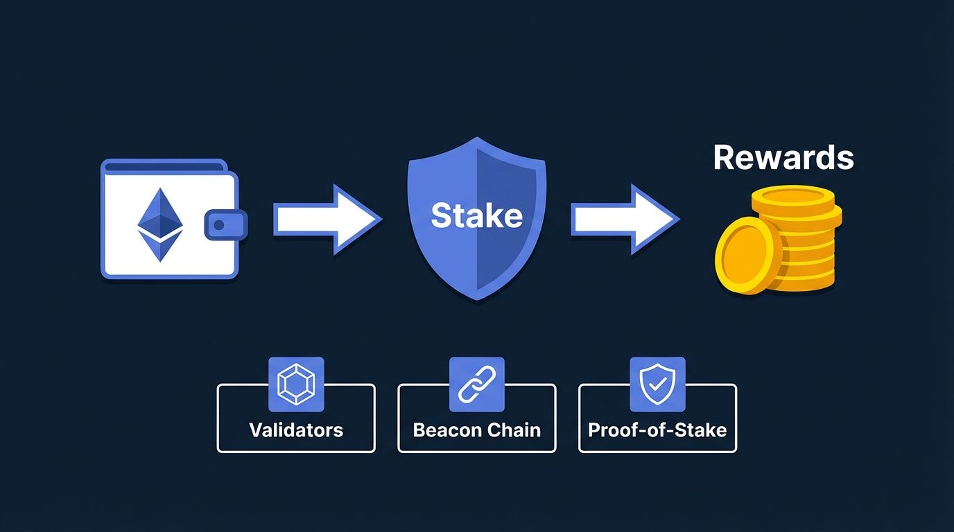 What is ethereum staking flow diagram showing ETH staking to earn rewards via validators and Beacon Chain