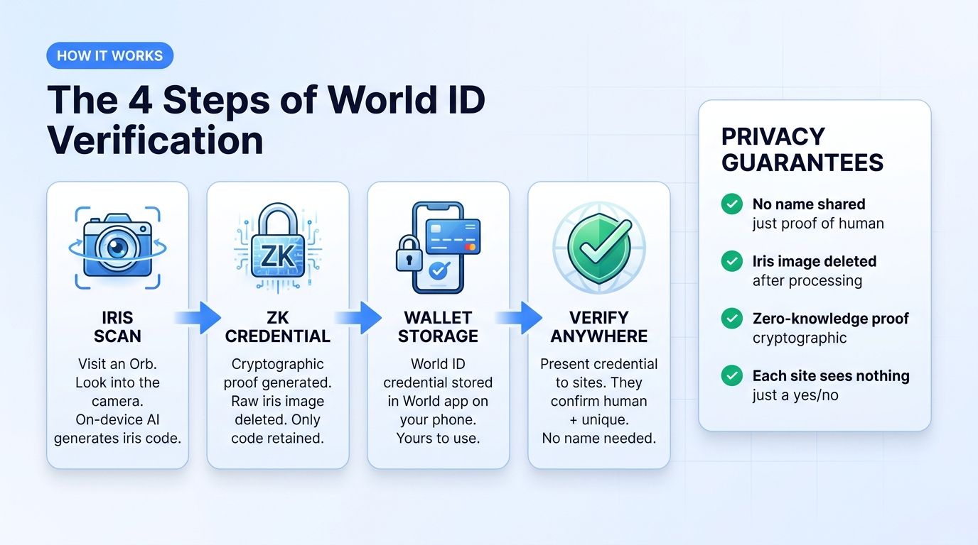 4 steps of World ID verification: iris scan, ZK credential, wallet storage, verify anywhere