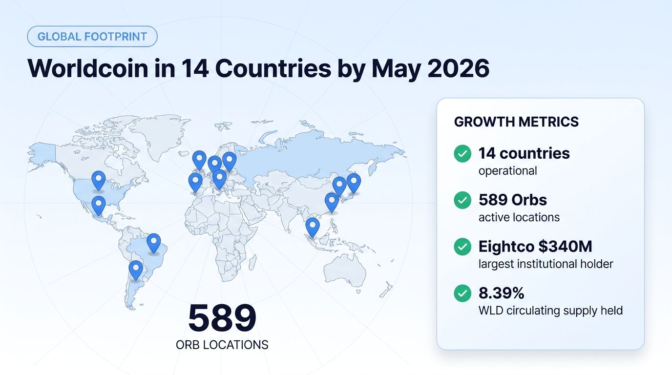 Worldcoin global footprint: 589 Orbs in 14 countries by May 2026