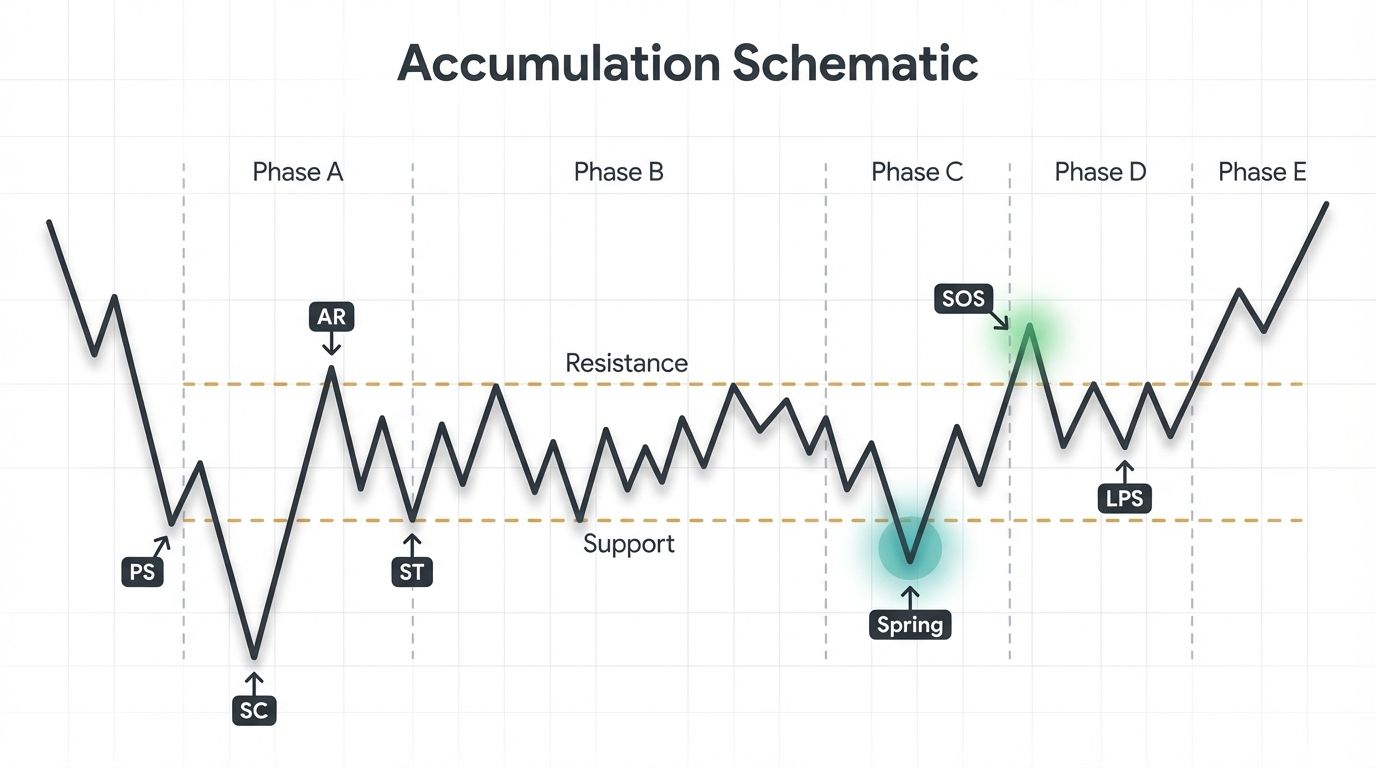 Wyckoff accumulation schematic diagram showing phases A through E with key events labeled