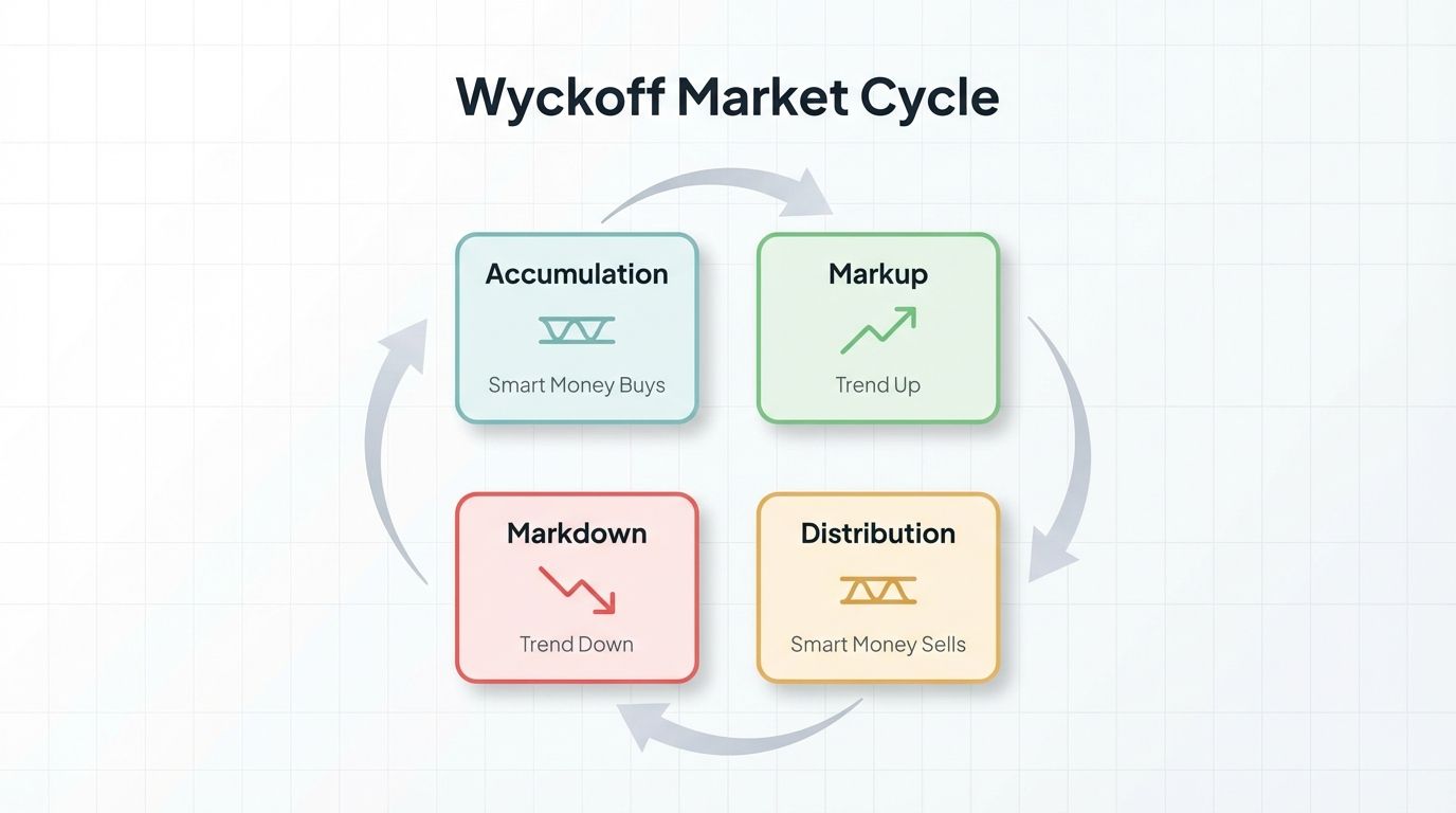 Wyckoff market cycle diagram showing four phases: accumulation, markup, distribution, and markdown