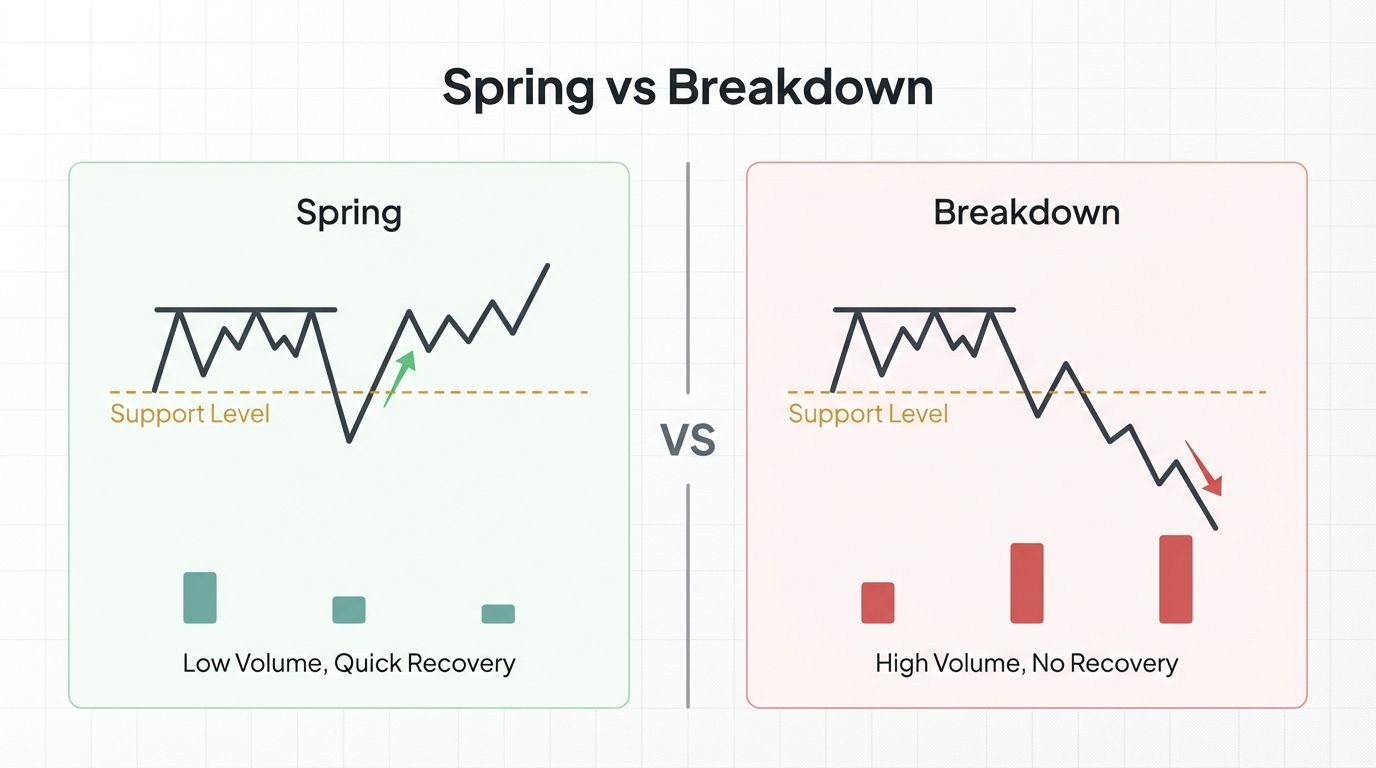 Comparison showing difference between a Wyckoff spring and a genuine breakdown