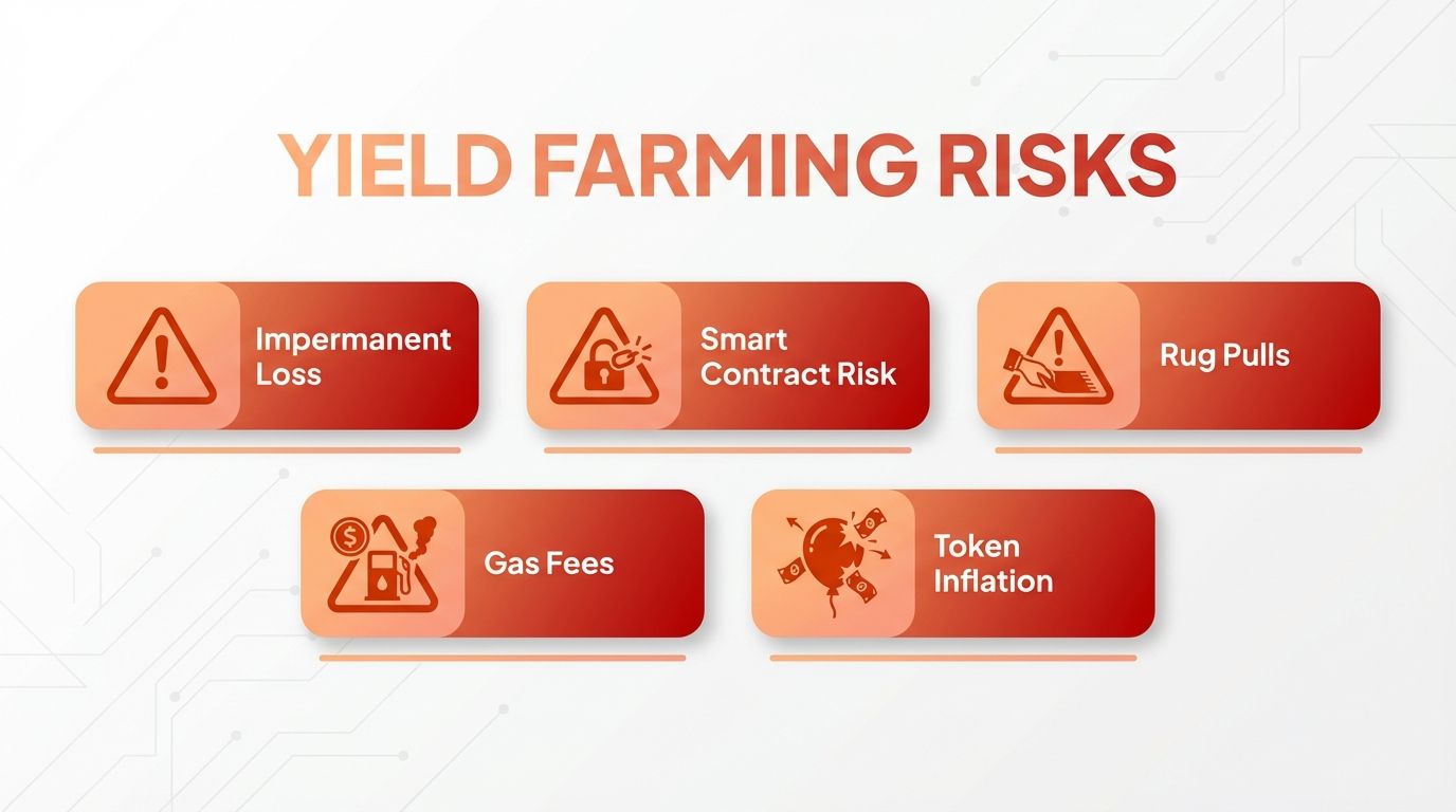 Yield farming risks: impermanent loss, smart contract risk, rug pulls, gas fees, token inflation