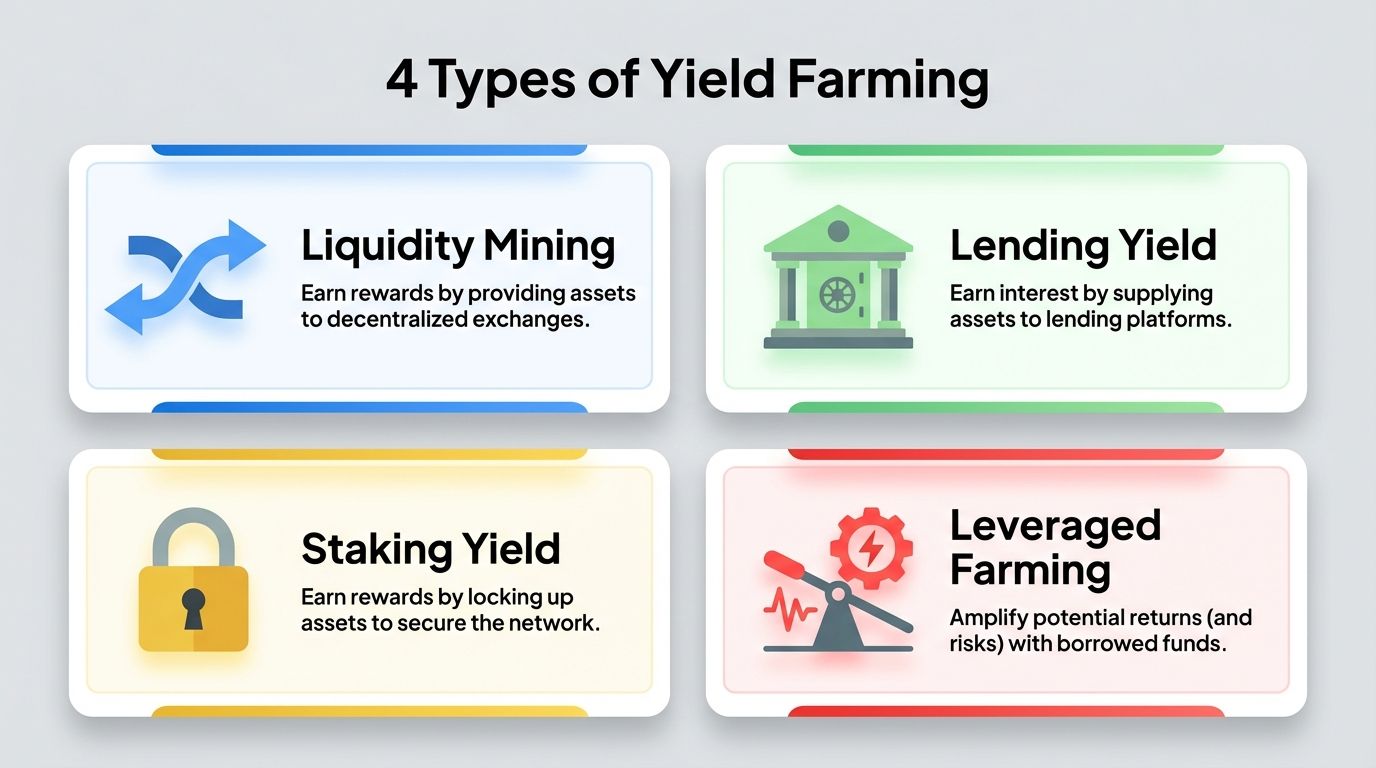Four types of yield farming: liquidity mining, lending yield, staking yield, leveraged farming