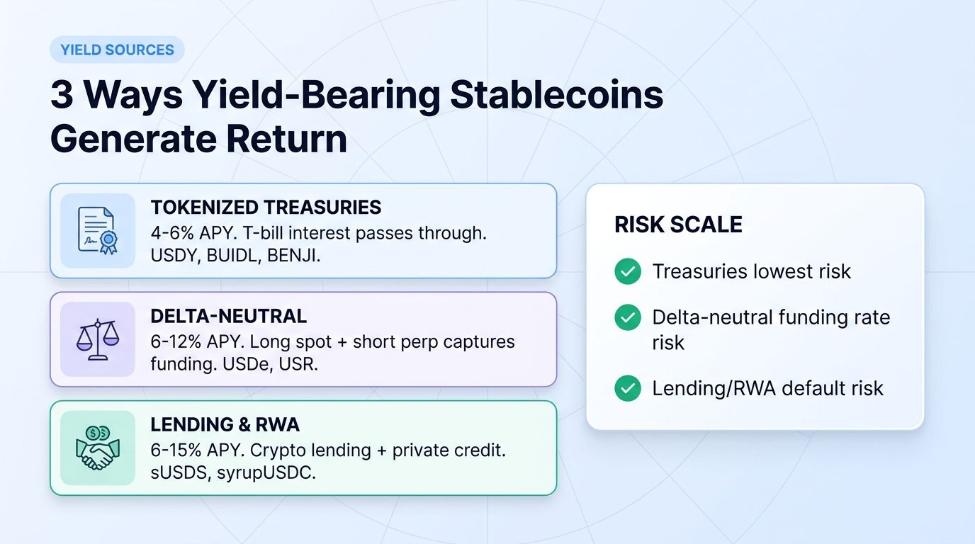 3 mechanisms yield-bearing stablecoins use to generate yield